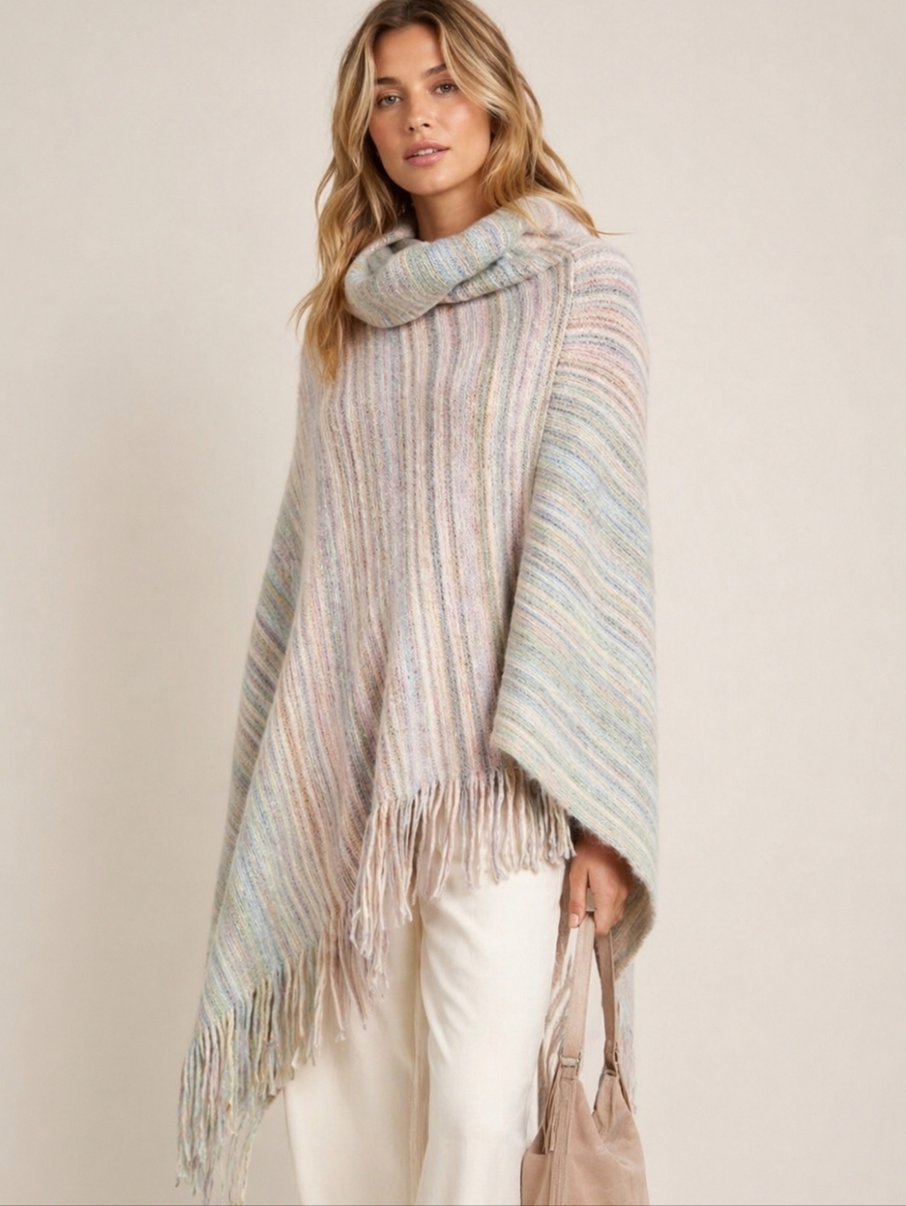 Anthropologie Saturday Sunday Vera Multicolor Pastel Striped Fringe Poncho